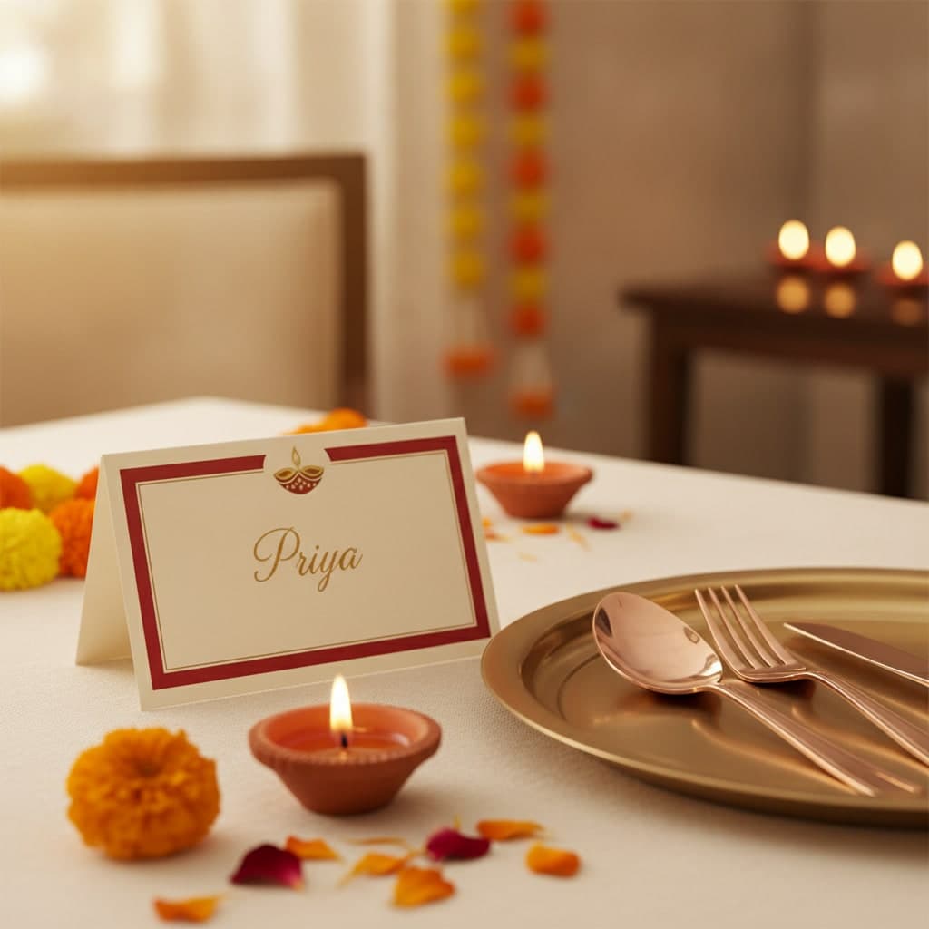 Gold and deep red Diwali place card folded at a dining setting beside a brass thali, a lit diya and marigolds