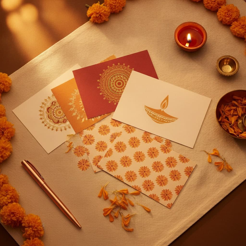 Diwali postcards printed with rangoli and diya patterns fanned on cream linen among marigold petals
