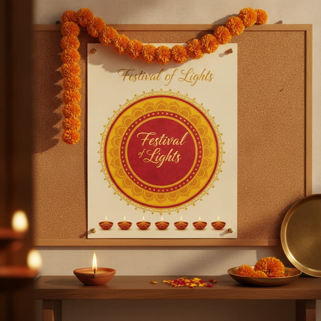 A2 Diwali poster with a rangoli design pinned to a community noticeboard beneath a marigold garland