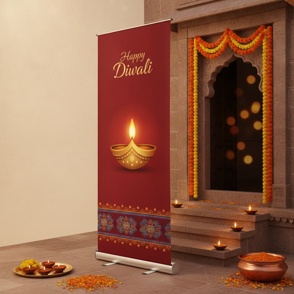 Roller banner with a gold diya design standing on its base at a temple entrance for Diwali beside lit diyas