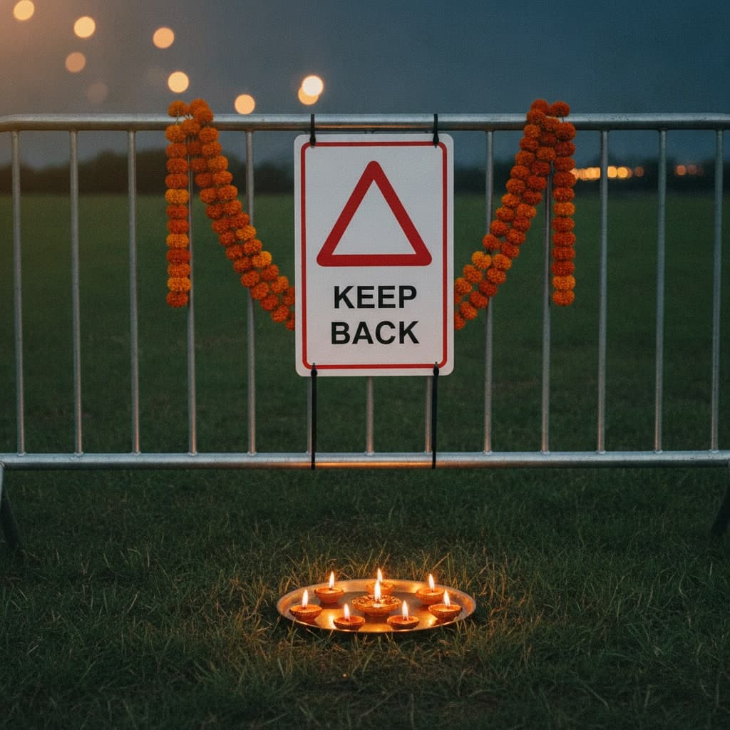 Correx keep-back safety sign cable-tied to a crowd barrier at a Diwali firework field beside lit diyas