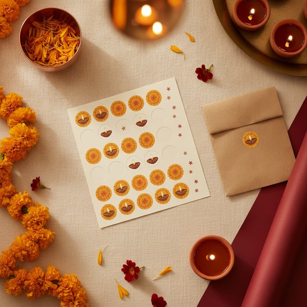 A4 Diwali sticker sheet of diya and marigold motifs on cream linen beside a sealed kraft gift bag and a diya