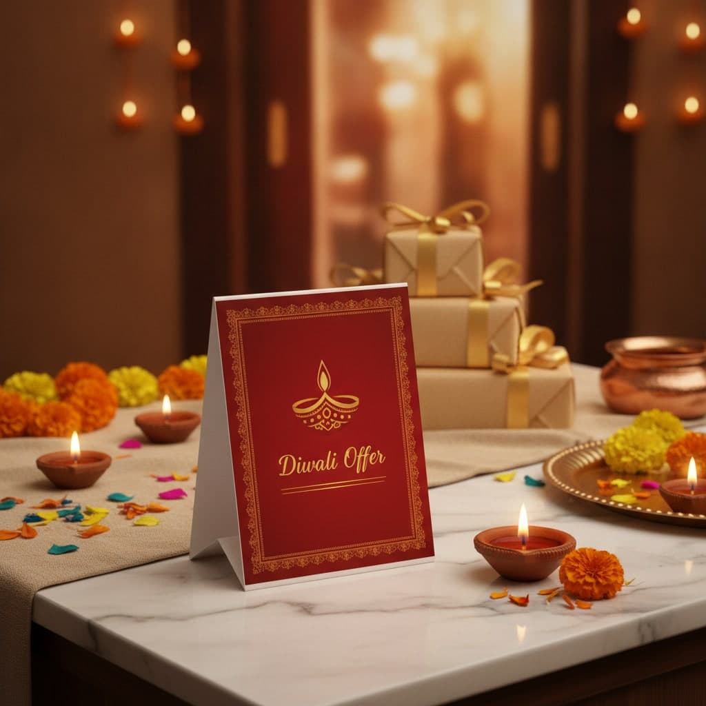 Diwali offer strut card standing on a sweet-shop counter in front of ribboned mithai boxes and a lit diya