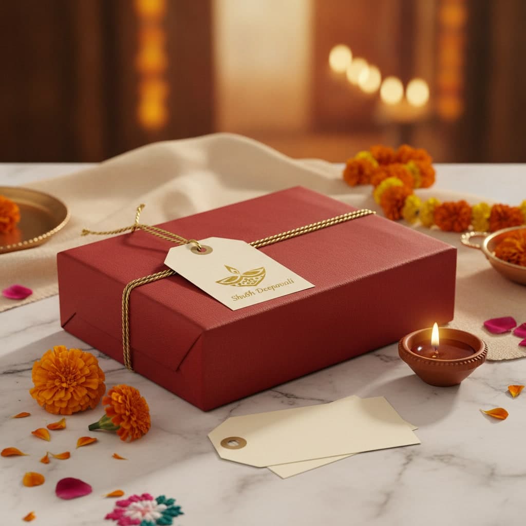 Gold-foil Diwali swing tag on gold cord tied to a red mithai box on marble beside marigolds and a lit diya