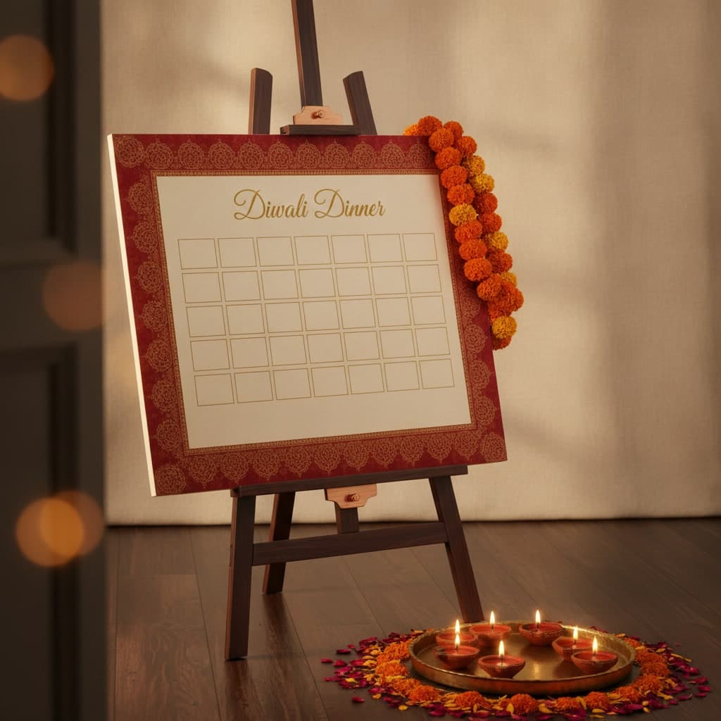 Diwali dinner seating plan on rigid foam board standing on an easel with a marigold garland and lit diyas at its foot