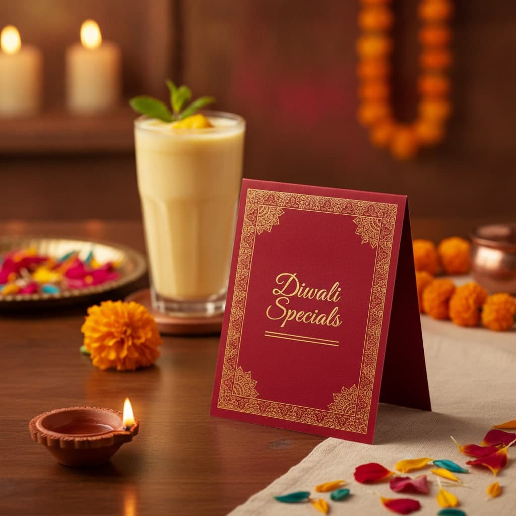 Diwali specials tent card standing folded on an oak restaurant table beside a lit diya and a mango lassi