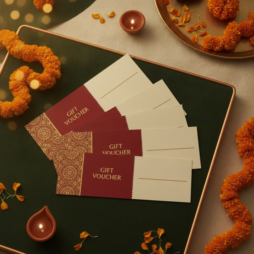 Diwali gift vouchers with perforated stubs and gold-foil rangoli fanned on green velvet beside marigolds