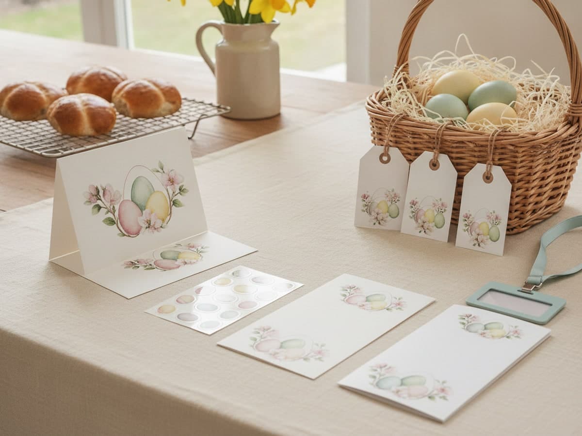 Easter printing on cream linen: a folded card, postcards, swing tags on a willow basket, egg stickers, a menu and an order of service