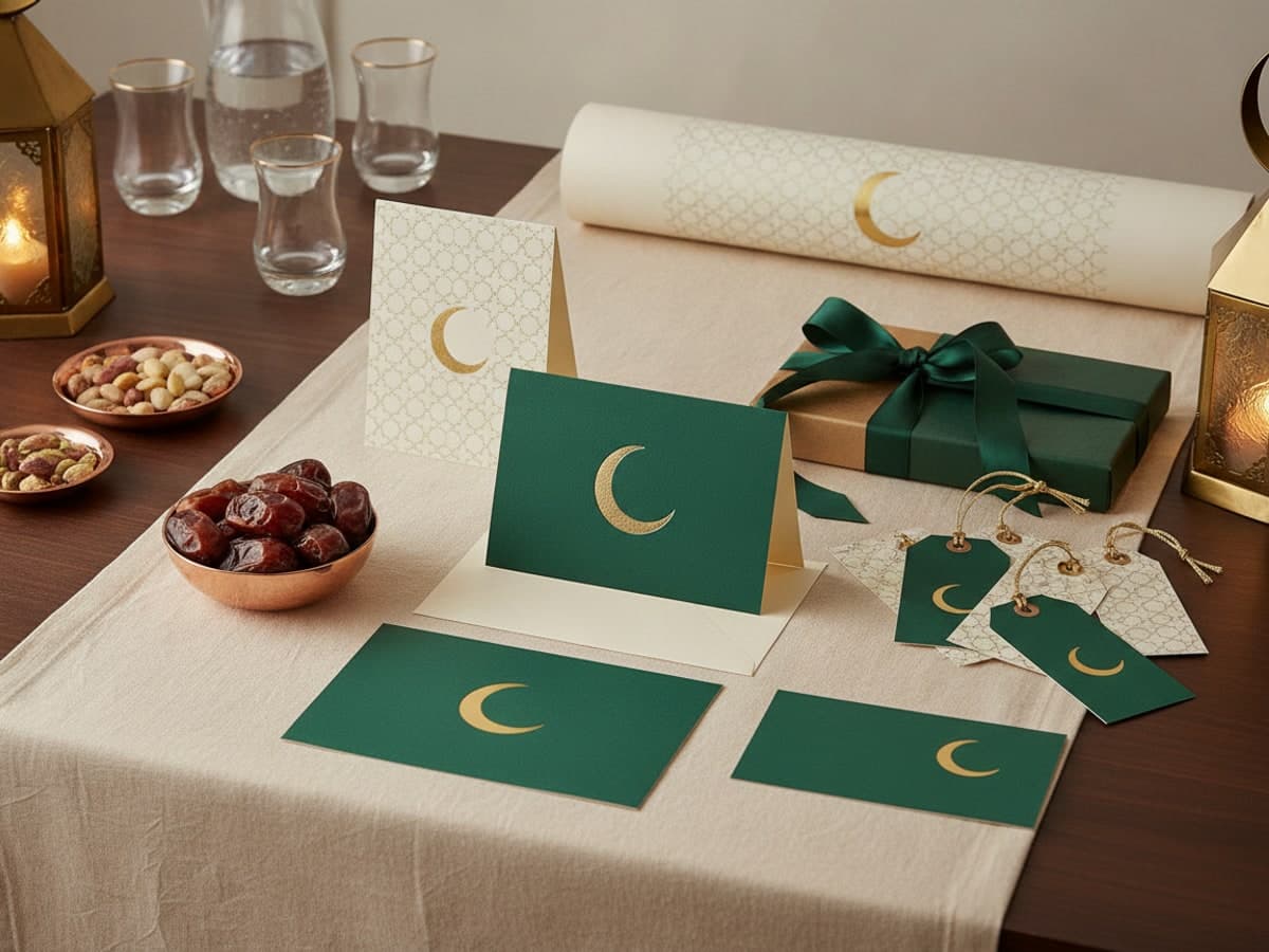 Eid printing on a walnut iftar table: folded card, menu, tent card, postcards and swing tags beside brass lanterns and dates
