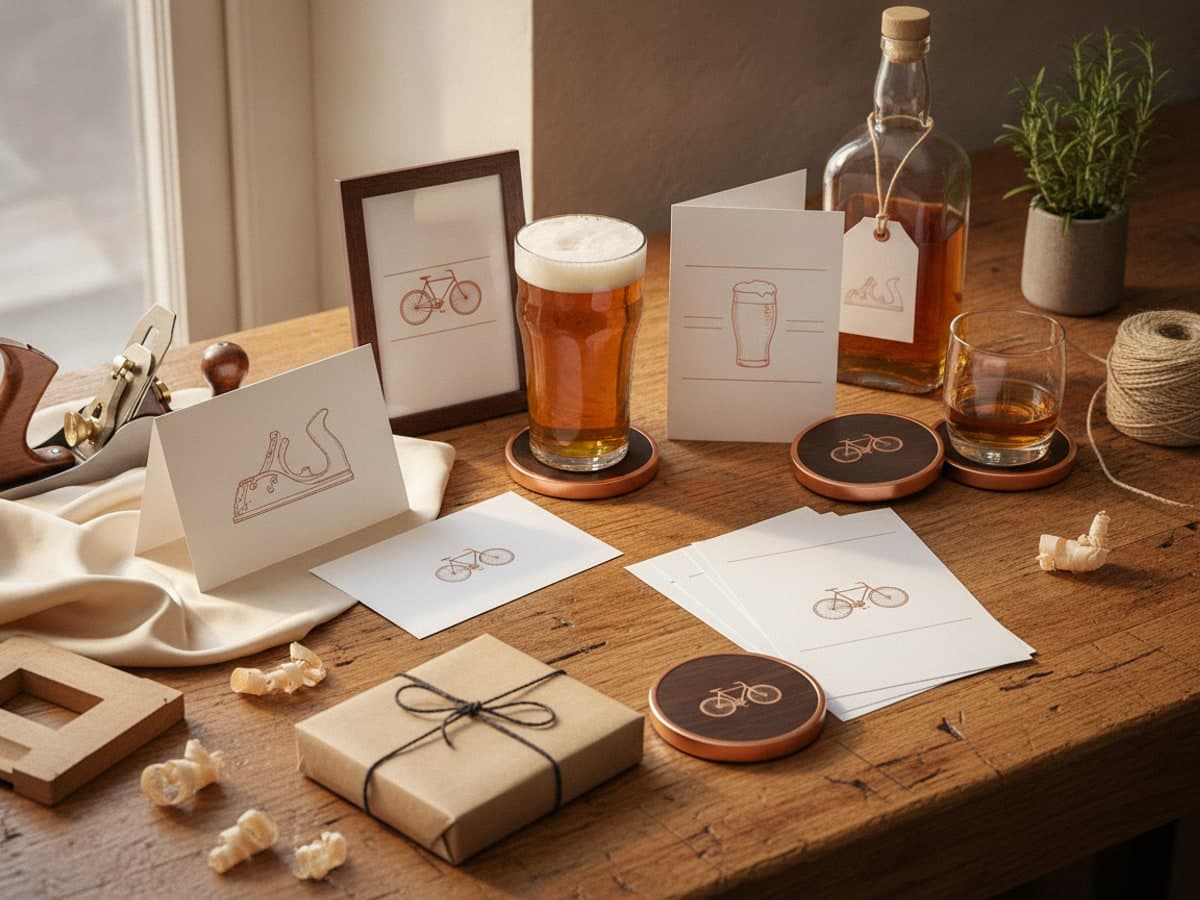 Father's Day printing on an oak workbench: greeting card, postcard, framed print, pub menu, drink tokens and a swing tag