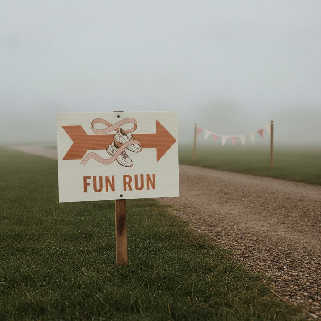 Charity fun run Correx route sign on a stake beside a misty park path under an open sky