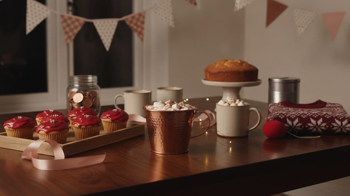 Children's appeal night kitchen table with a wooden collection box, a jar of coins, cupcakes and fairy lights