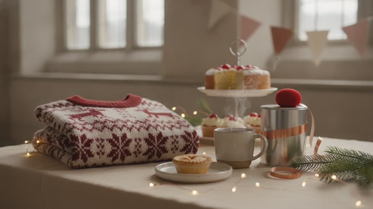 Festive jumper day desk with a knitted Christmas jumper, a mince pie, fir and a charity collection tin