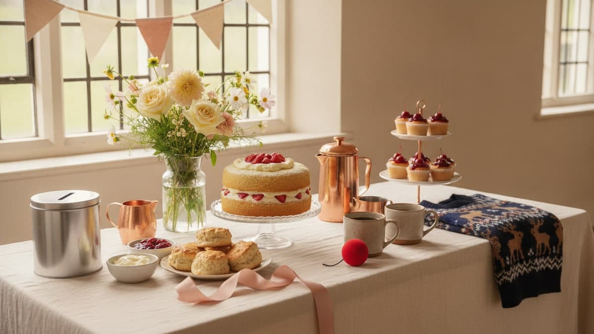 Charity coffee morning table in a village hall with a Victoria sponge, scones, a cafetière and a collection tin