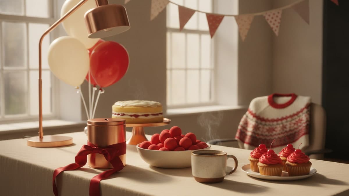 Red-nose appeal day office desk with a bowl of foam red noses, cupcakes, balloons and a charity collection tin