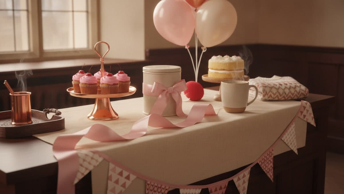 Pink appeal day shop counter with a pink satin ribbon, pink-iced cupcakes, balloons and a charity collection tin