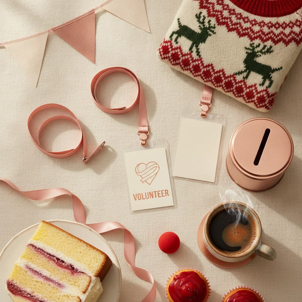 Charity volunteer badge on a pink lanyard laid on an office desk beside a collection tin and a mug of coffee