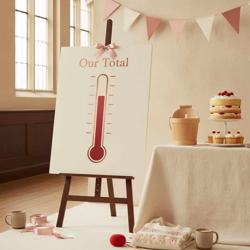 Fundraising total board on foam board with a thermometer graphic standing on an easel in a school hall