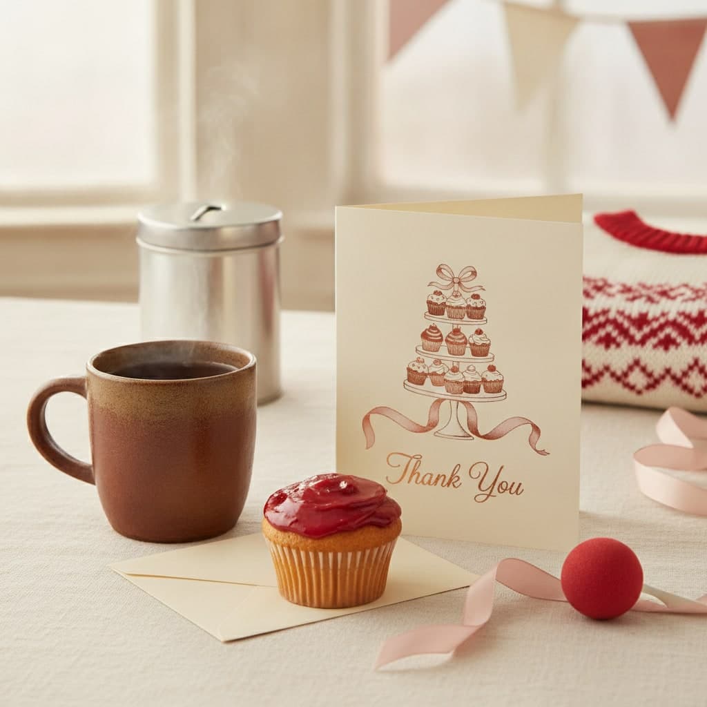 Charity thank-you greeting card with a copper-foil cake stand design standing beside a mug of tea and a cupcake
