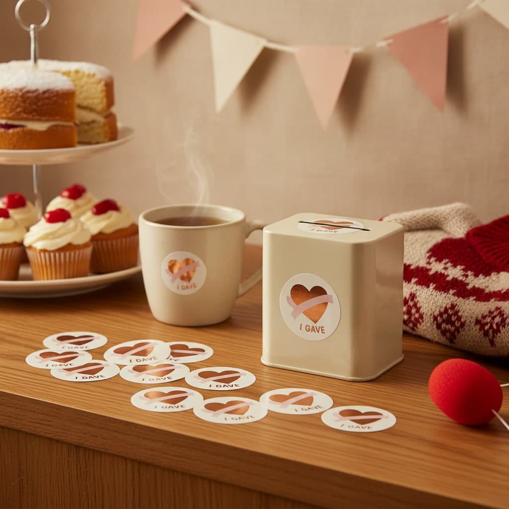 Round charity stickers on a reception desk beside a collection tin, a mug of tea and cupcakes