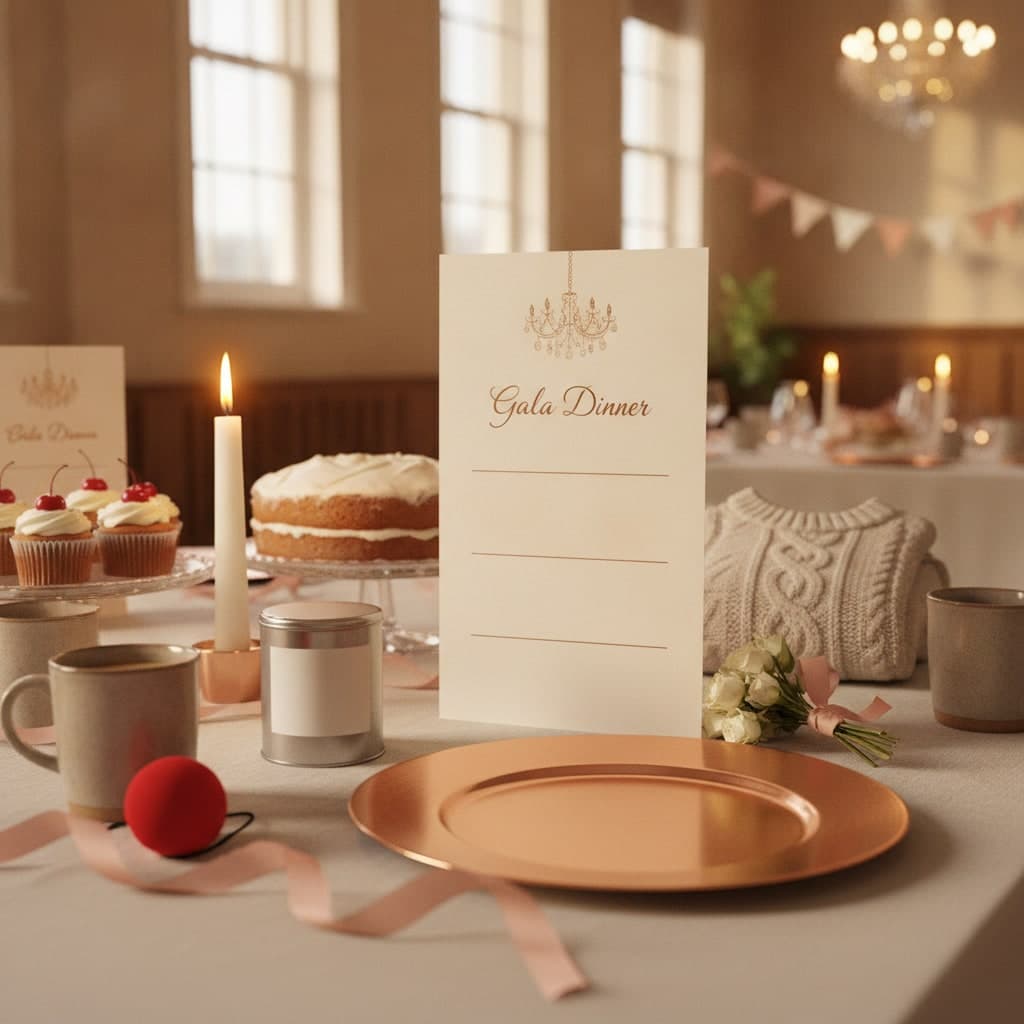 Charity gala dinner menu on heavy board standing against a copper charger beside a candle and white roses