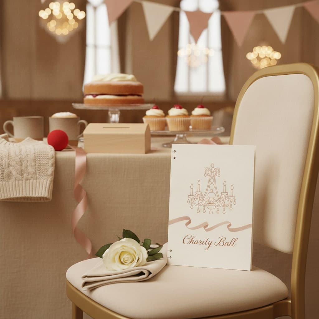 Charity ball order of service booklet, saddle-stitched, resting on a gilt ballroom chair beside a white rose
