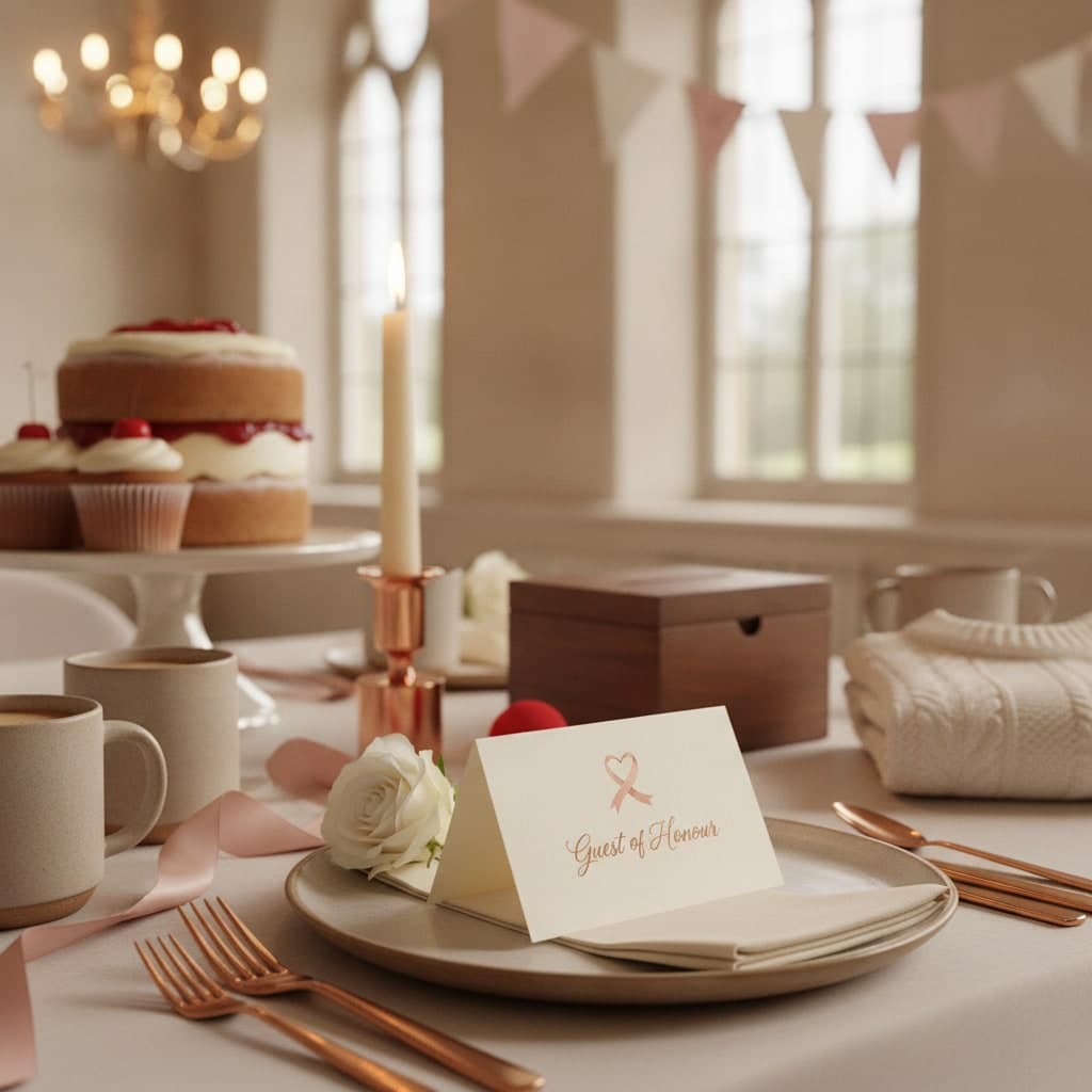 Charity gala dinner place card with a copper-foil heart standing on a folded napkin beside a candle