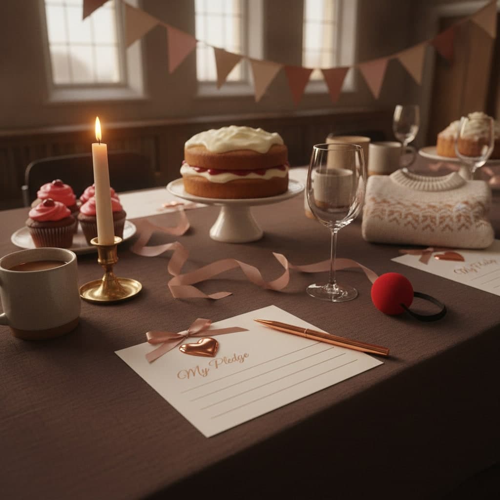 Charity gala pledge postcards on thick silk board laid at each place setting with a copper pen