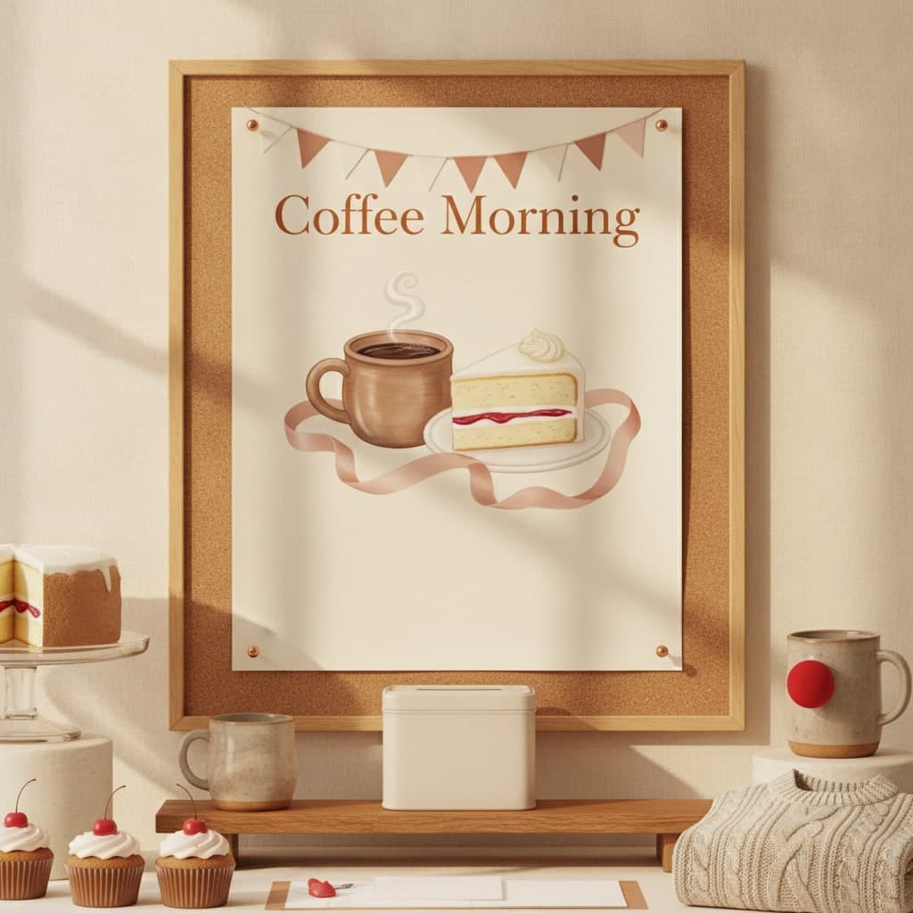 Charity coffee morning posters printed on thick silk, pinned to a school corridor noticeboard beside a collection tin