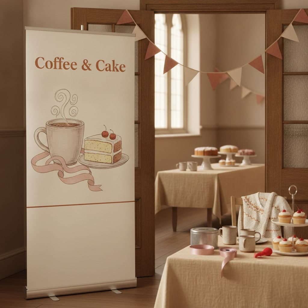 Charity coffee morning roller banner standing on its base at the open doors of a village hall
