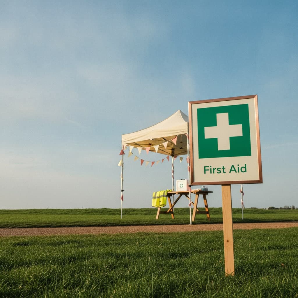 First aid safety sign on a stake at a charity sponsored walk marshal point beside a gazebo