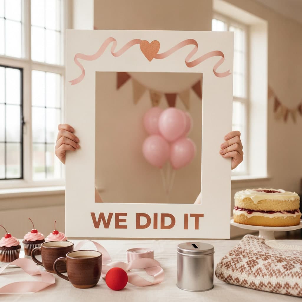 Charity fundraiser selfie frame on foam board held up in front of bunting and pink balloons in a village hall