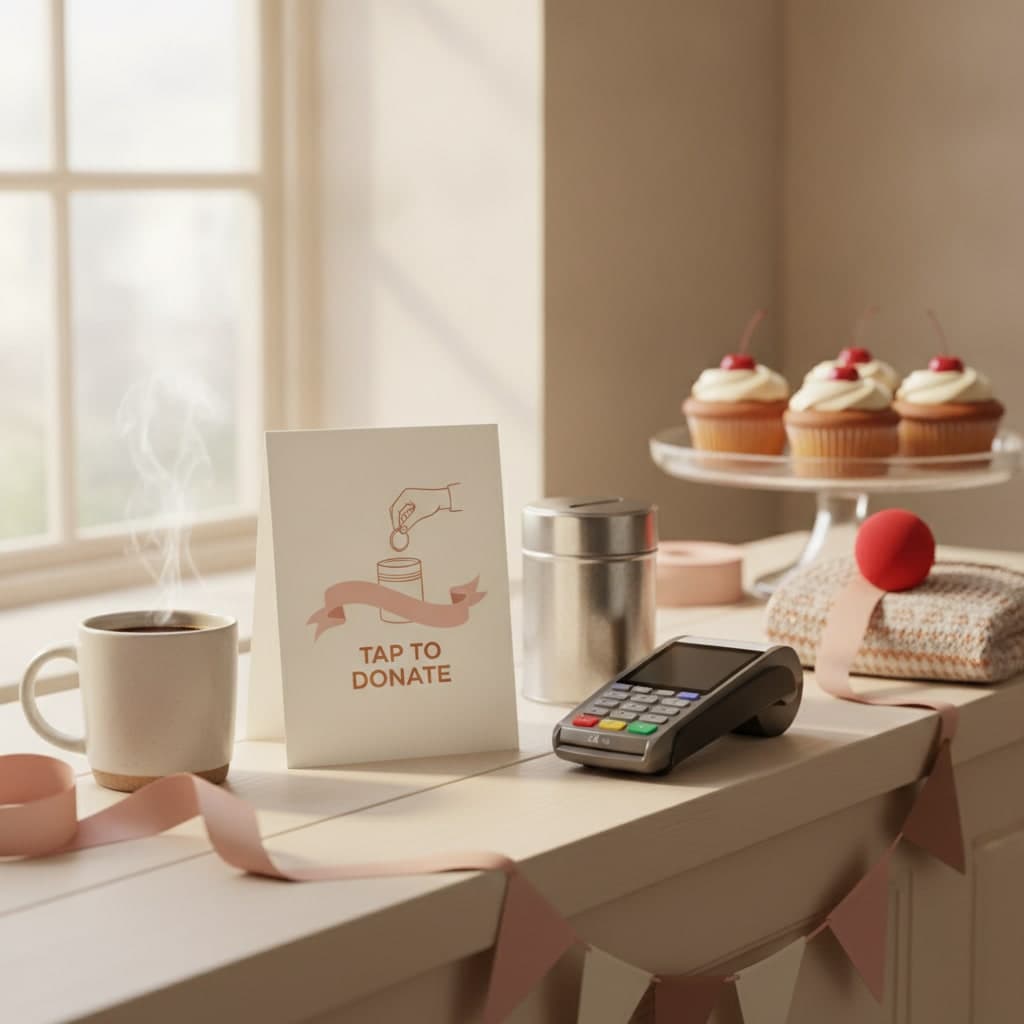 Charity strut card asking for donations on a shop counter beside a card reader and a collection tin