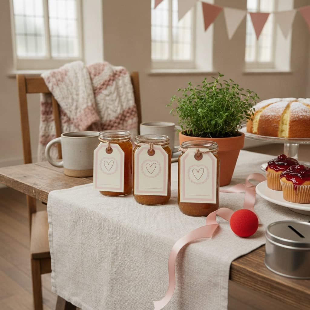 Fundraising swing tags on copper twine tied round jam jars and a herb pot at a charity plant-and-preserve stall