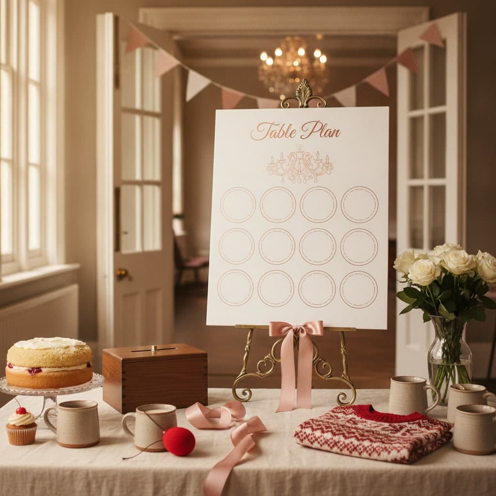 Charity ball table plan on rigid foam board standing on a brass easel at the ballroom doors