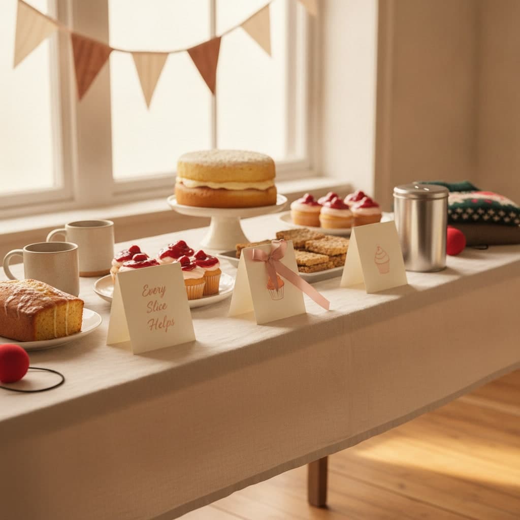 Folded tent cards for a charity bake sale standing beside a lemon drizzle loaf, cupcakes and flapjacks on a linen table