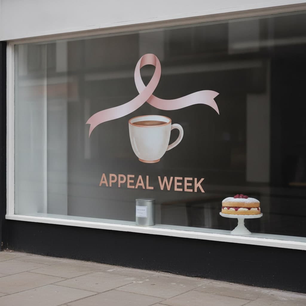 Charity appeal week window vinyl on a high-street branch window with a collection tin on the sill inside