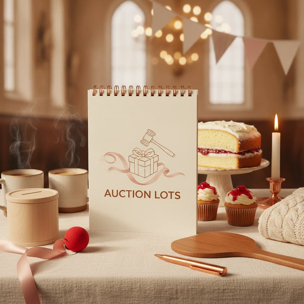 Wire-bound charity auction catalogue standing on a linen table beside a bidding paddle and a candle