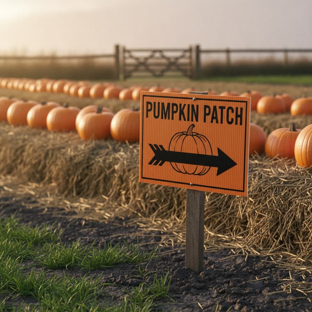 Pumpkin Patch correx sign on a wooden stake at the edge of a farm field for Halloween pumpkin picking