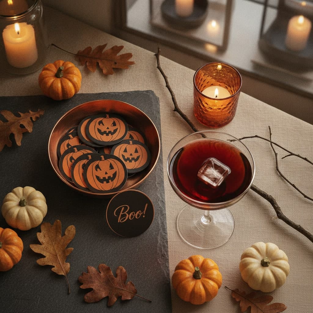 Halloween drink tokens on thick black board with a pumpkin face design, spilling from a copper dish on a slate bar