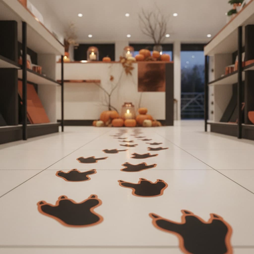 Halloween floor graphic stickers shaped as monster footprints leading across a tiled shop floor to a till with pumpkins