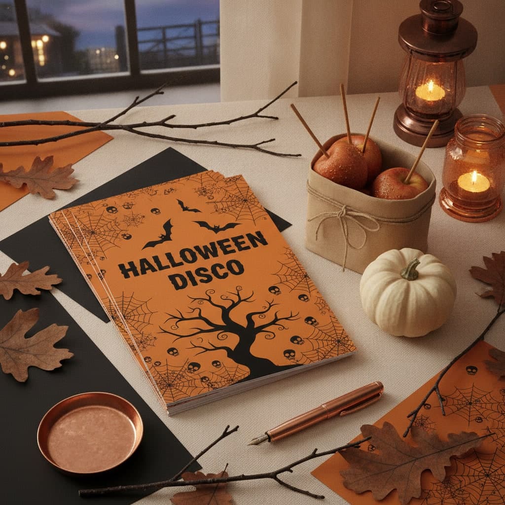 Halloween Disco flyers printed in burnt orange and black, stacked on cream linen at dusk beside toffee apples