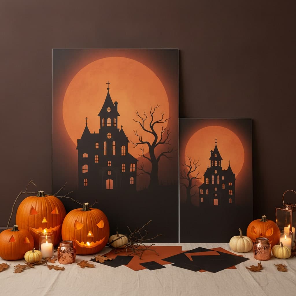 Halloween foam board backdrop panels printed with a haunted manor and orange moon, leaning behind carved pumpkins