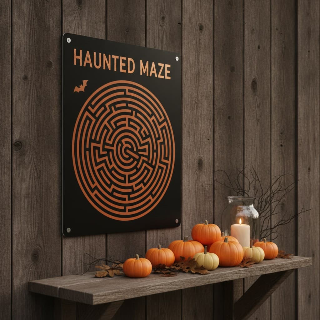 Haunted Maze foamex sign with drilled corner holes fixed to a farm ticket hut wall for Halloween