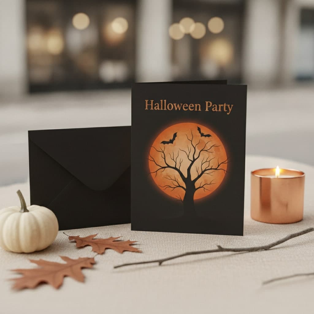 Folded Halloween Party invitation card on thick silk with a black envelope, white pumpkin and copper tealight on linen
