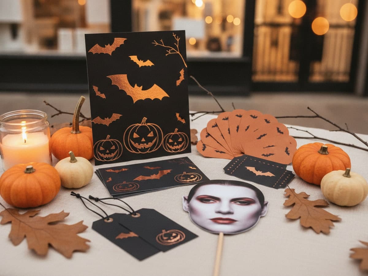 Halloween posters, flyers and swing tags in copper foil with a photo face mask on a stick, small pumpkins and candlelight on cream linen
