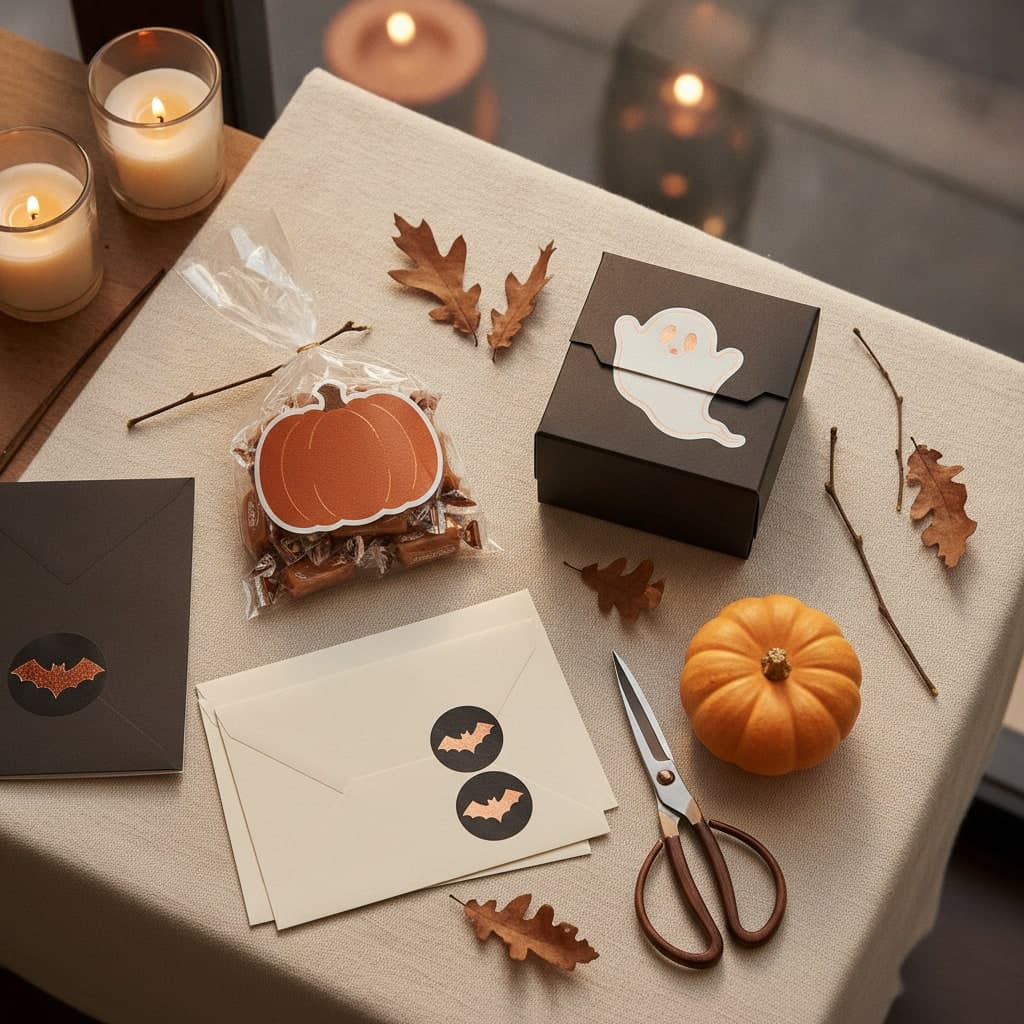 Halloween stickers cut to pumpkin, ghost and round shapes sealing a sweet bag, a cake box and envelopes on cream linen