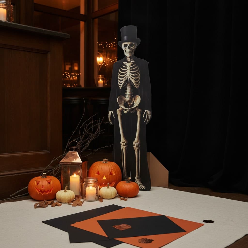 Life-size cardboard cut-out in a skeleton costume standing by a bar entrance with carved pumpkins for Halloween