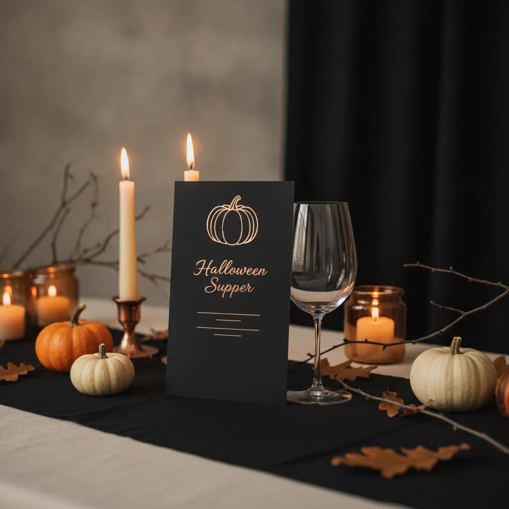 Halloween Supper menu on thick silk card leaning on a wine glass between copper candlesticks and small pumpkins on a black linen table