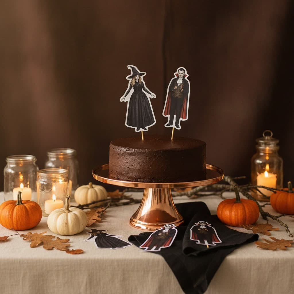 Mini photo cut-outs in Halloween costume on rigid card, used as cake toppers and table scatter beside mini pumpkins